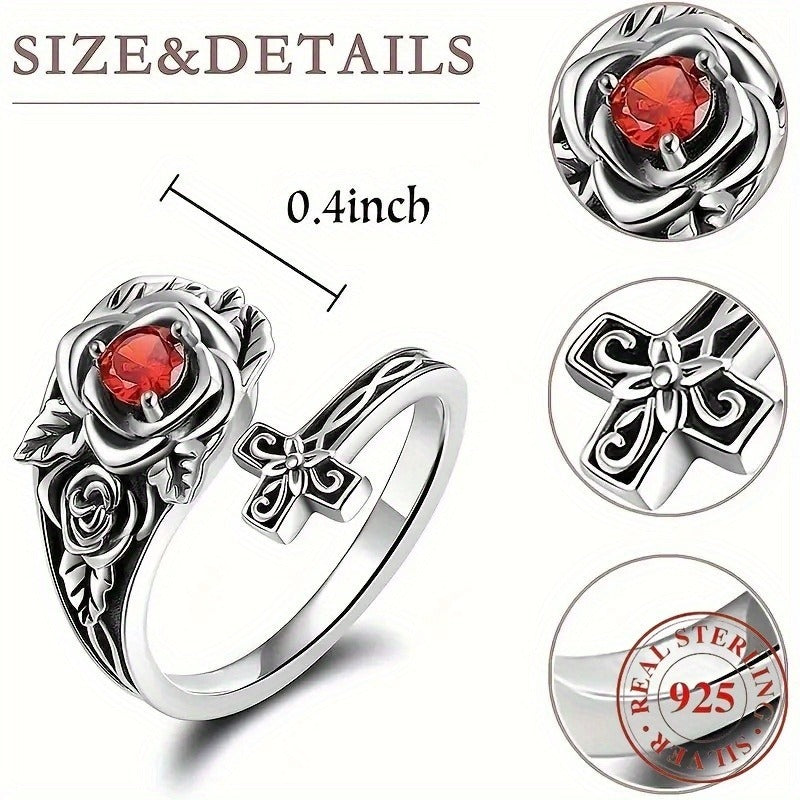 Auravelle Adjustable 925 Silver Bracelet Ring - Allergy-proof, Comfortable For Everyday Wear, The Perfect Gift For Her - Red Cubic Zirconia Rose Embellishing, Nickel Free, Rugged