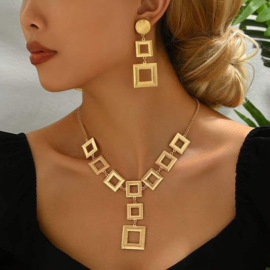 Luxury 14K Gold Geometric Jewelry Set  Electroplated Necklace &  Earrings