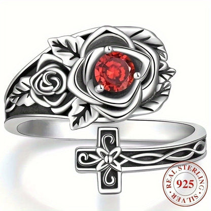 Auravelle Adjustable 925 Silver Bracelet Ring - Allergy-proof, Comfortable For Everyday Wear, The Perfect Gift For Her - Red Cubic Zirconia Rose Embellishing, Nickel Free, Rugged