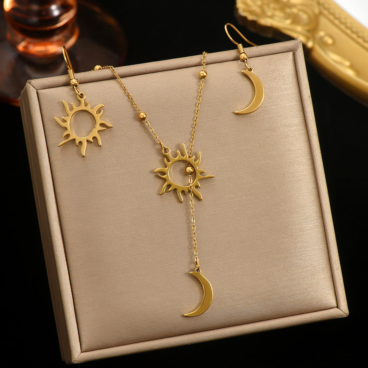 Auravelle 18K Gold Plated Sun  Moon Jewelry Set Mirror Polish Hypoallergenic Necklace  Earrings For Daily Evening Never Fade Luxury Gift With Celestial Symmetry