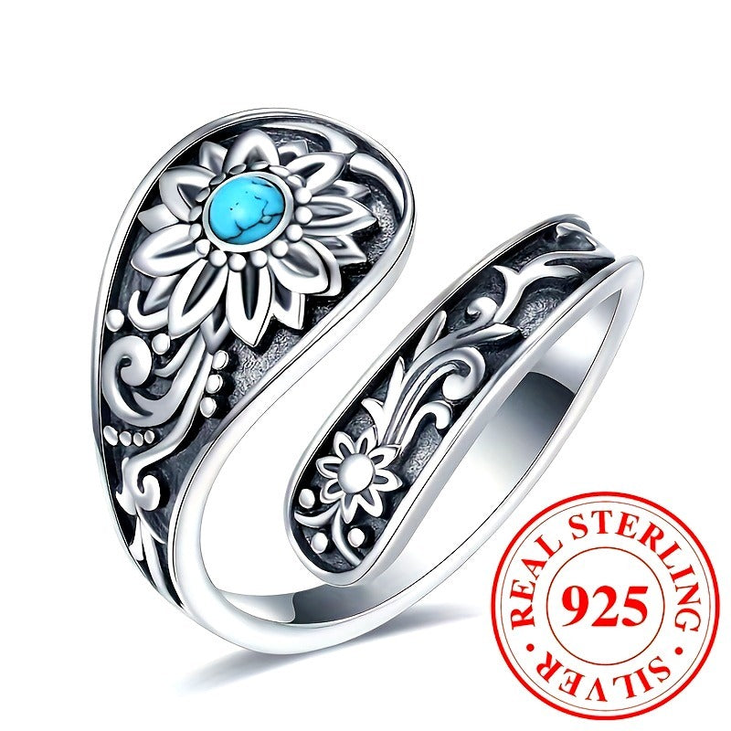 Silver Spoon Ring - Exquisitely Carved With Sunflowers, Embellished With Inlaid Turquoise.