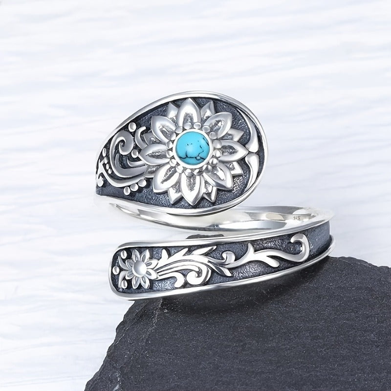 Silver Spoon Ring - Exquisitely Carved With Sunflowers, Embellished With Inlaid Turquoise.