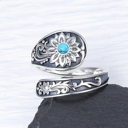 Silver Spoon Ring - Exquisitely Carved With Sunflowers, Embellished With Inlaid Turquoise.