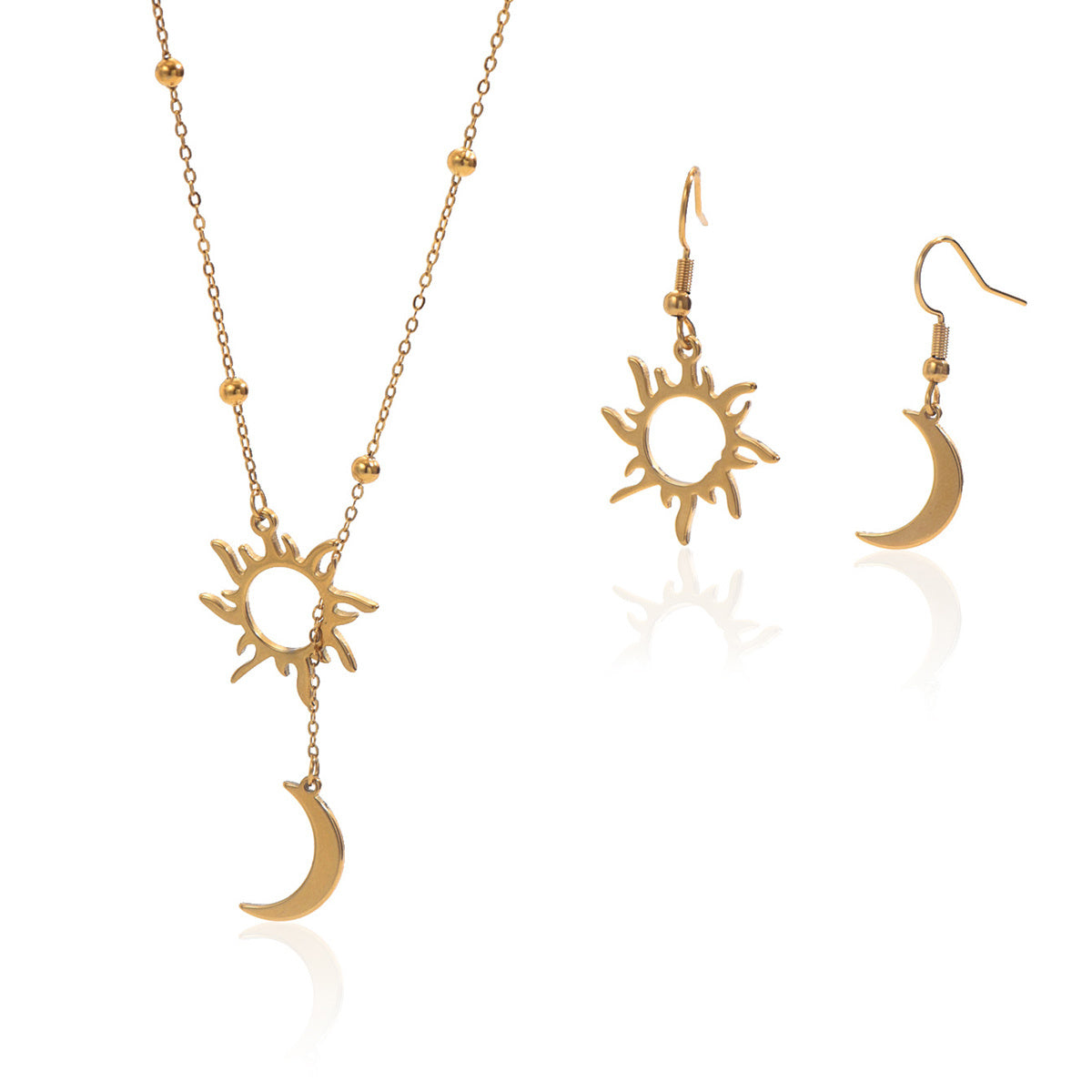 Auravelle 18K Gold Plated Sun  Moon Jewelry Set Mirror Polish Hypoallergenic Necklace  Earrings For Daily Evening Never Fade Luxury Gift With Celestial Symmetry
