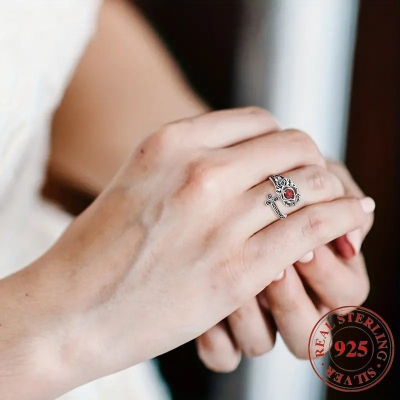 Auravelle Adjustable 925 Silver Bracelet Ring - Allergy-proof, Comfortable For Everyday Wear, The Perfect Gift For Her - Red Cubic Zirconia Rose Embellishing, Nickel Free, Rugged