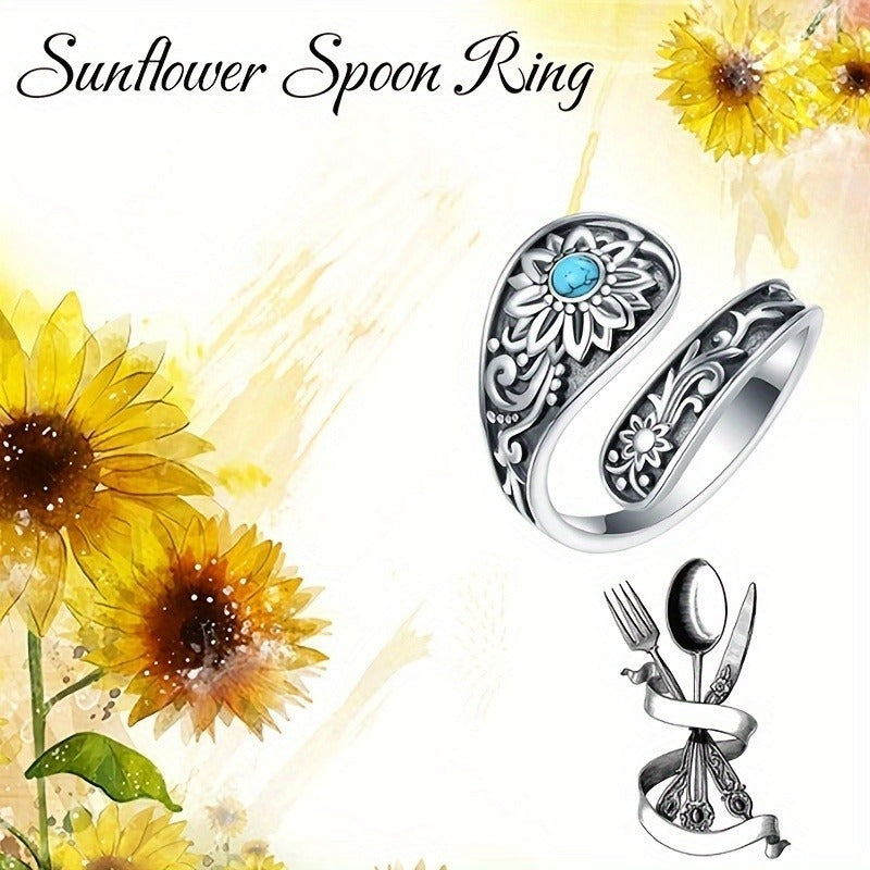 Silver Spoon Ring - Exquisitely Carved With Sunflowers, Embellished With Inlaid Turquoise.