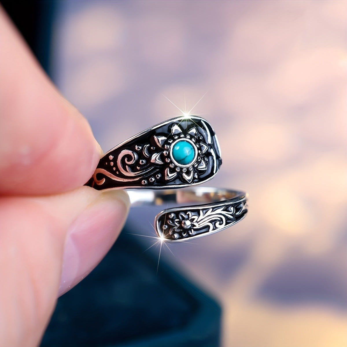 Silver Spoon Ring - Exquisitely Carved With Sunflowers, Embellished With Inlaid Turquoise.